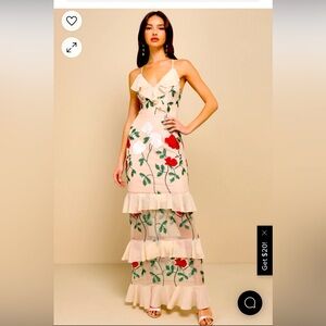True to Heart Beige Floral Embroidered Ruffled Tiered Maxi Dress